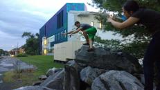 Isaac and Laura being athletic on the rocks